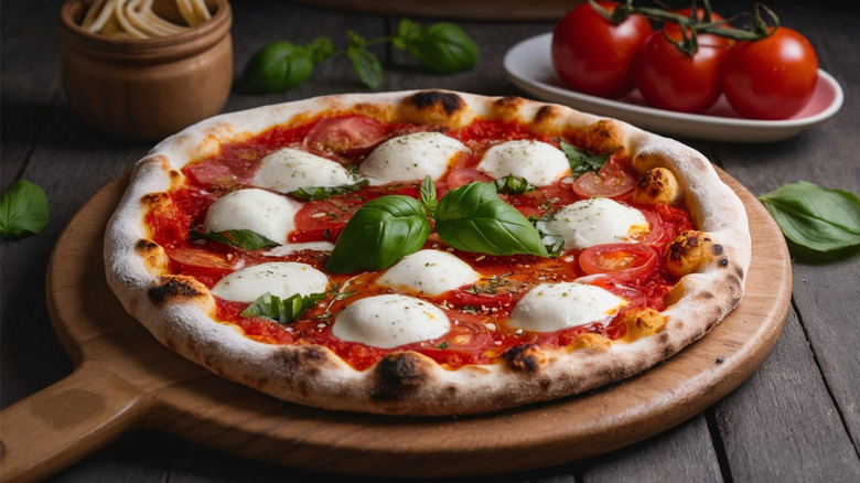 A Neopolitan pizza on a wooden pizza paddle