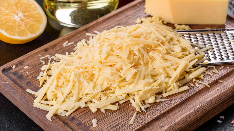 A pile of freshly grated hard cheese