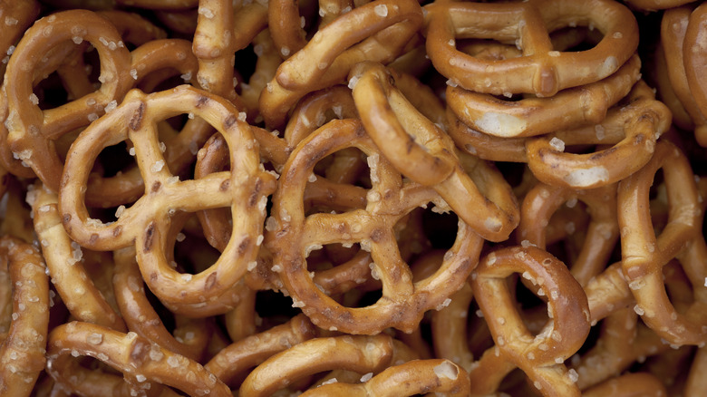 A full frame of crunchy pretzels up close