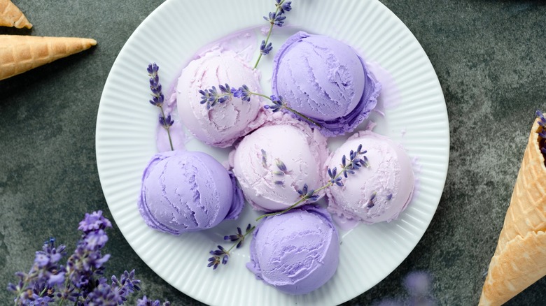 A plate with six scoops of lavender ice cream