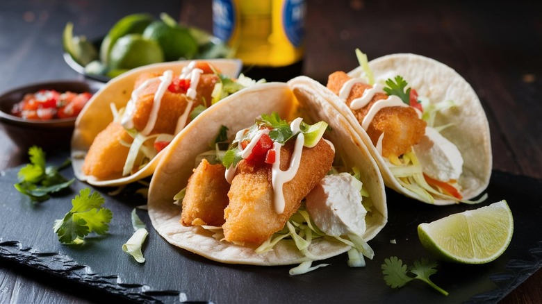 Three tacos de pescado on a table