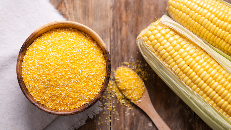 A wooden bowl with cornmeal next to a spoonful of cornmeal and two ears of corn