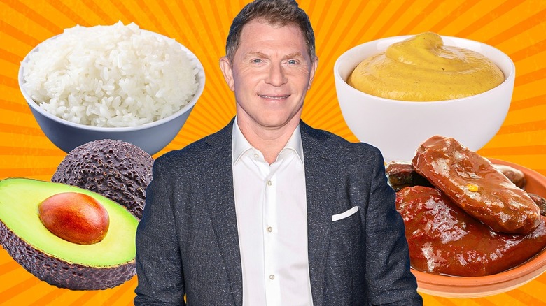 Bobby Flay surrounded by some of his favorite ingredients including rice, mustard, chipotle chiles, and avocados