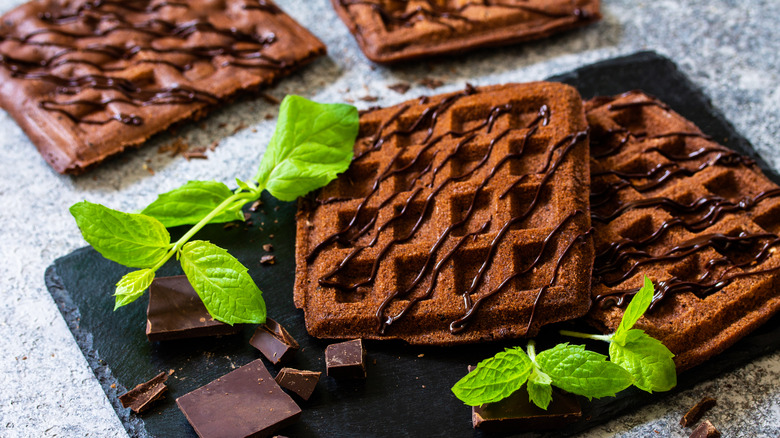 brownie waffles with mint sprigs