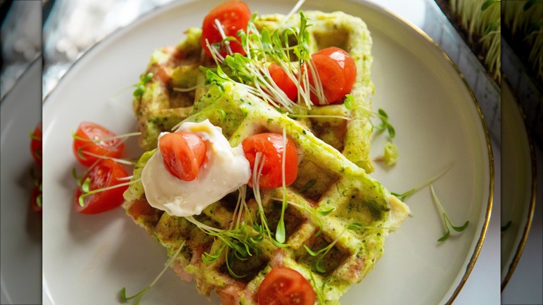waffles with tomatoes and greens