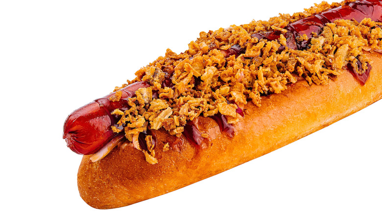 hot dog topped with crispy fried onions