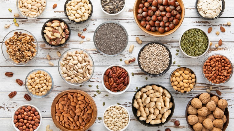 Variety of nuts and seeds in bowls