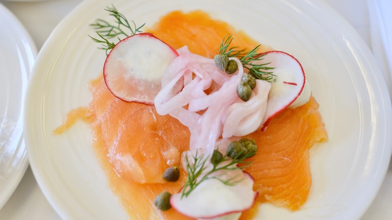 Smoked salmon, capers, and radishes