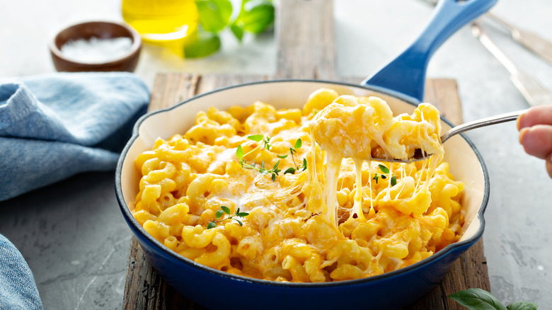 Skillet of baked mac and cheese