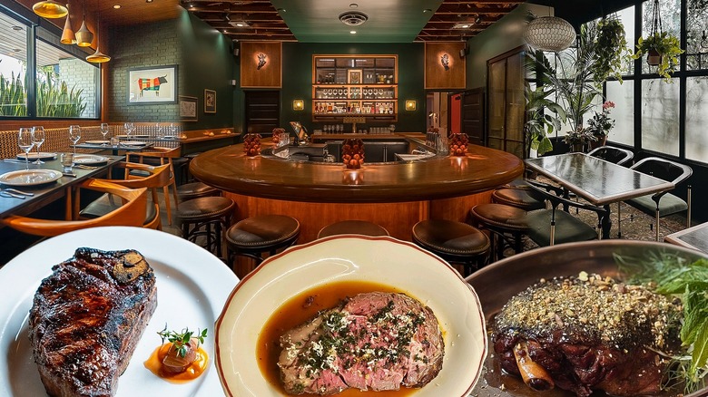 classic steakhouse dining room with steaks on plates