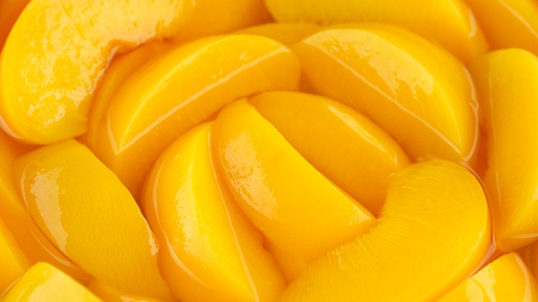 Close up of canned peaches