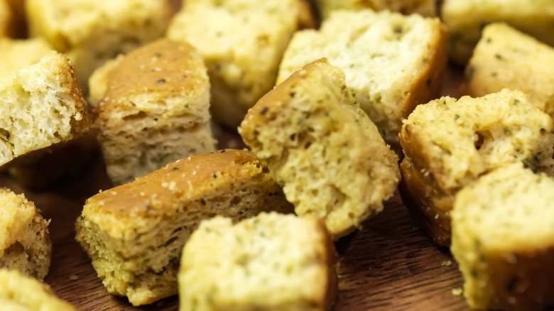 Closeup of pile of croutons