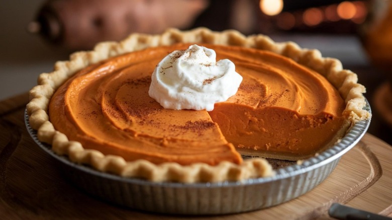 Sweet potato pie with a slice missing