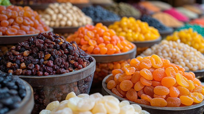 buckets of dried fruits