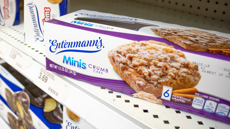 A box of Entenmann's crumb cakes on a shelf