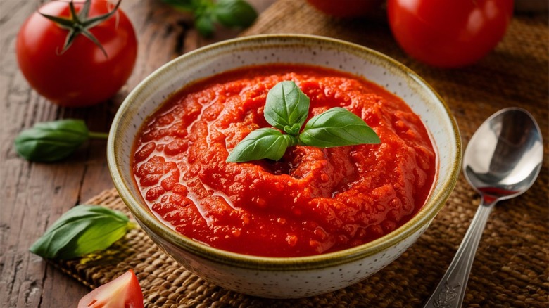 Marinara sauce in a bowl with a garnish of fresh basil