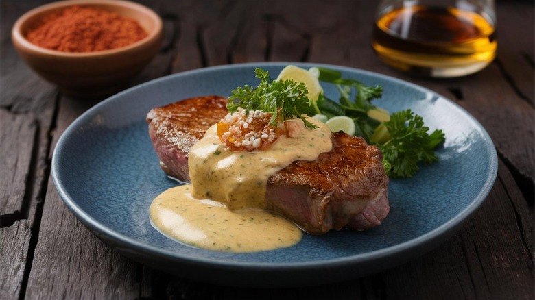 Steak Diane on a plate, covered with a light sauce