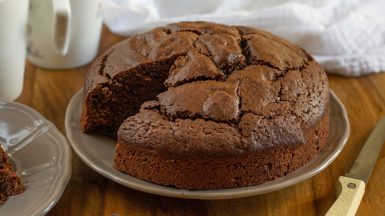 Chocolate mayonnaise cake with slice missing