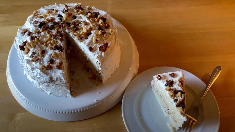 Lady Baltimore cake with a slice taken out