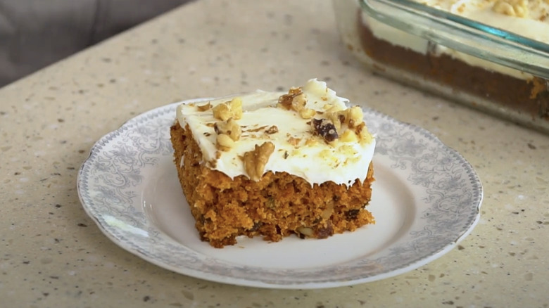 Square piece of tomato soup cake