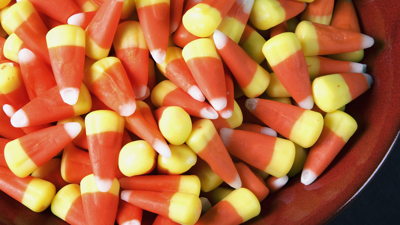 candy corn in orange bowl