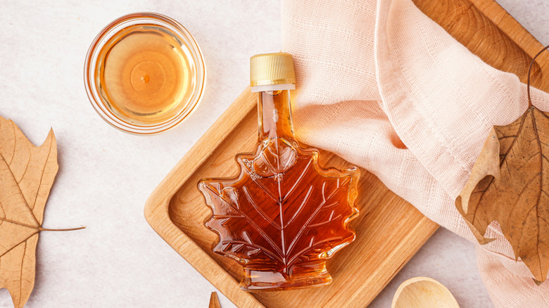 maple syrup in leaf-shaped bottle