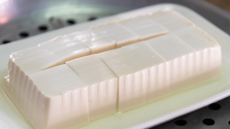 cubed silken tofu resting on white plate