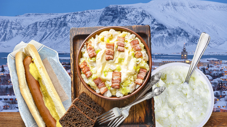 selection of Icelandic food against Reykjavík background