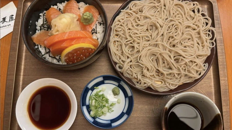 Platter of noodles and seafood at Sobaya