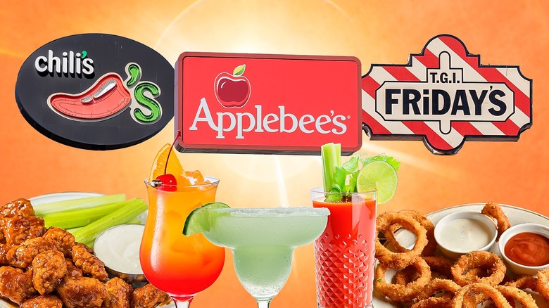 chili's, Applebee's, and TGIF Friday signs with drinks and food