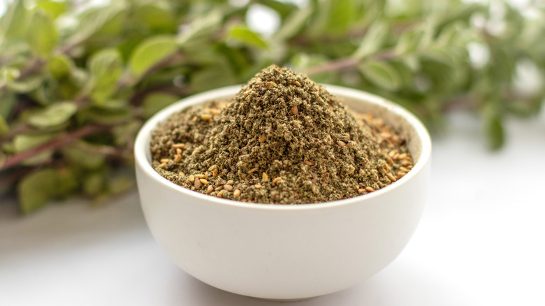 pile of za'atar in bowl with thyme plant in background