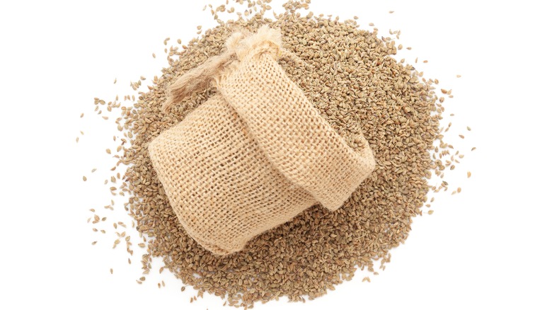 carom seeds in burlap bag