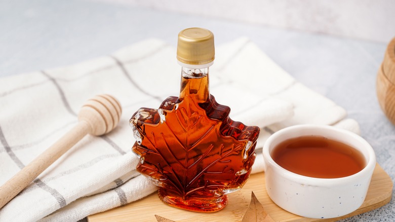 Maple syrup bottle and ramekin