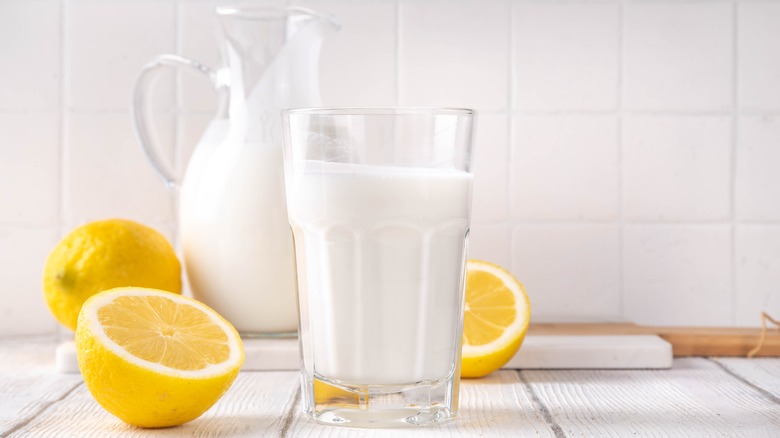 Glass of buttermilk on table