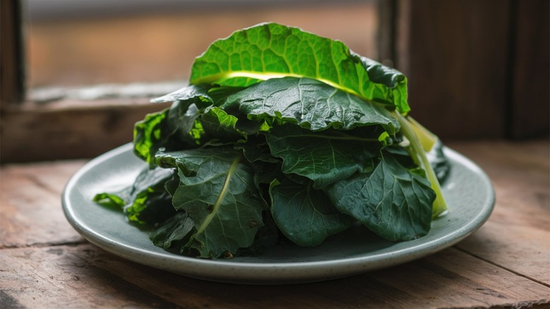 Plated pile of raw collard greens