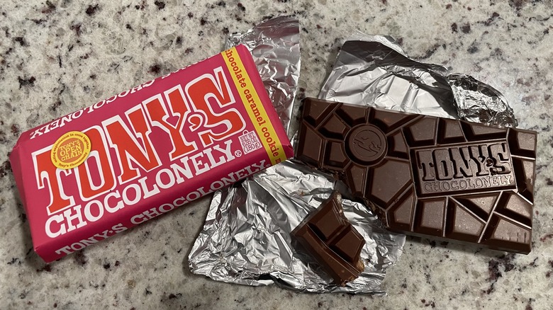 Tony's Chocolonely milk chocolate bar and wrapper