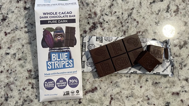 Blue Stripes chocolate bar and wrapper