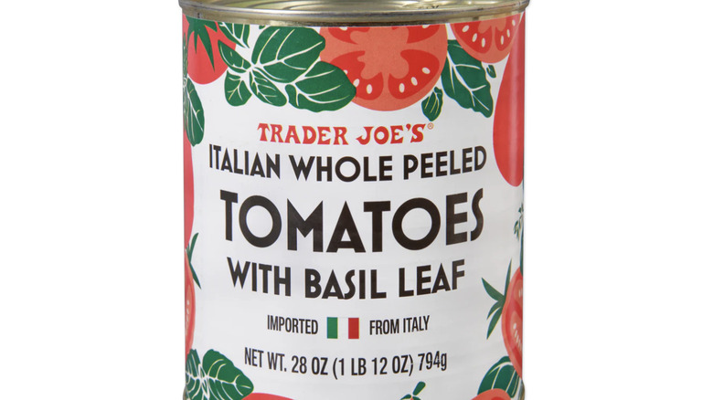 A can of Trader Joe's Italian Whole Peeled Tomatoes with Basil Leaf