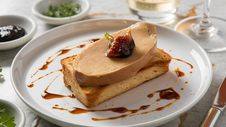 A plate contains foie gras on brioche.