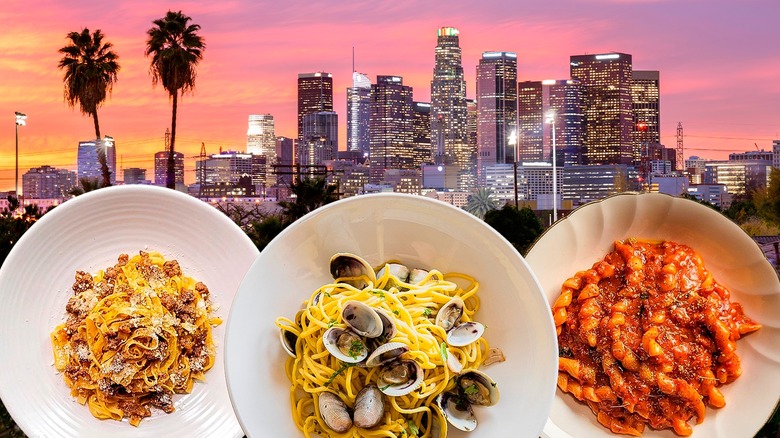 Bowls of pasta with LA in background