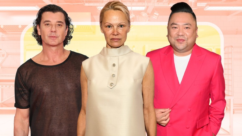 Gavin Rossdale, Pamela Anderson, and Andrew Phung against pink and yellow background