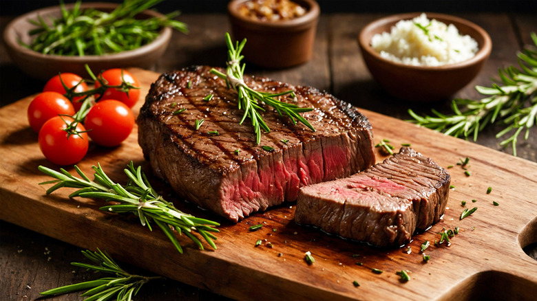 Cut of steak on wood