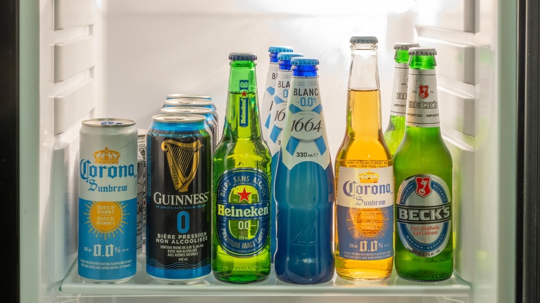 Non-alcoholic beers in a mini fridge