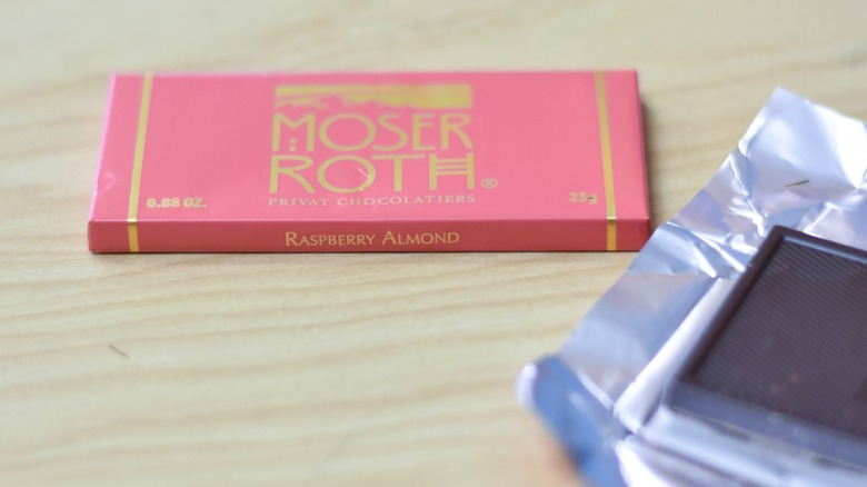 A Moser Roth raspberry almond chocolate bar