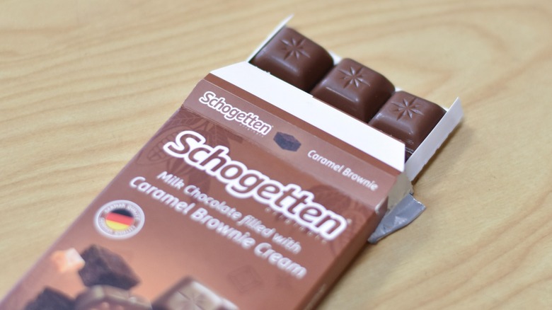 A bar of Schogetten caramel brownie cream-filled chocolate