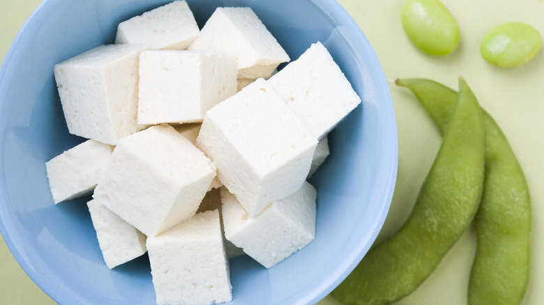 Cubes of firm tofu in a bowl