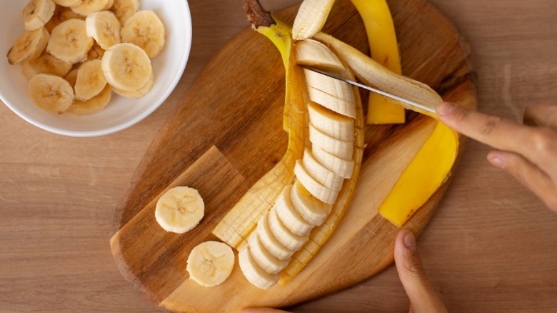 Banana sliced in peel