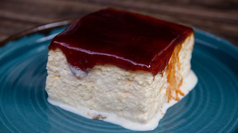 A slice of tres leches cake