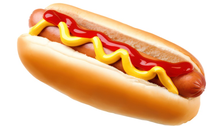 A hot dog with mustard and ketchup