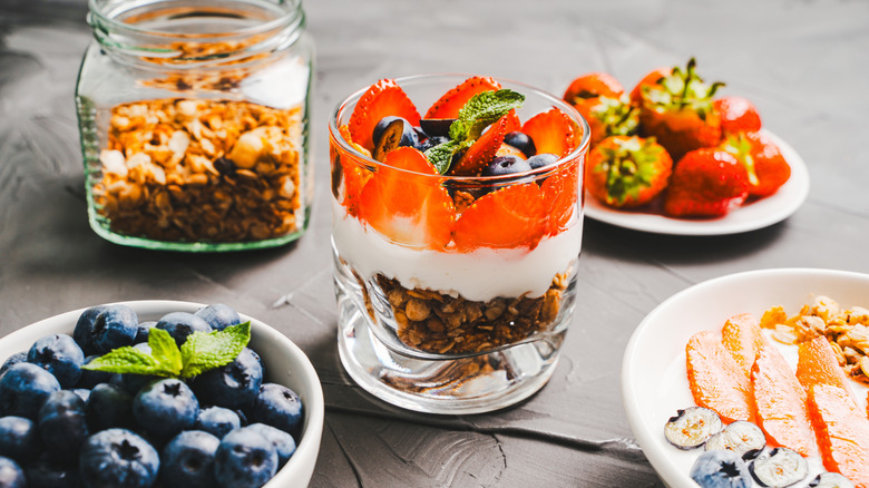 cottage cheese and fruit parfait in a glass jar